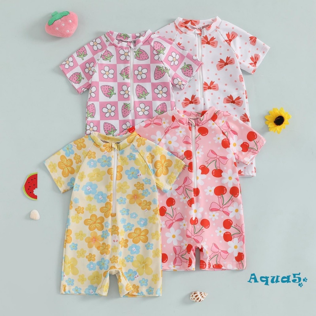 Aqq-toddler Girl Rash Guard ชุดว่ายน้ําเชอร์รี่/โบว์พิมพ์ซิปแขนสั้น Zip Up ชุดว่ายน้ํา
