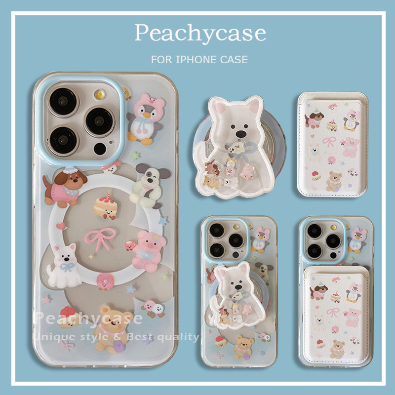 สัตว์น่ารักหมู Penguin Puppy Slippable ผู้ถือขาตั้งไร้สายชาร์จเคสโทรศัพท์สําหรับ iPhone 16 15 14 13 12 Pro Max ช่องใส่การ์ดแม่เหล็ก IMD Anti-scratch ปกหลังปลอก