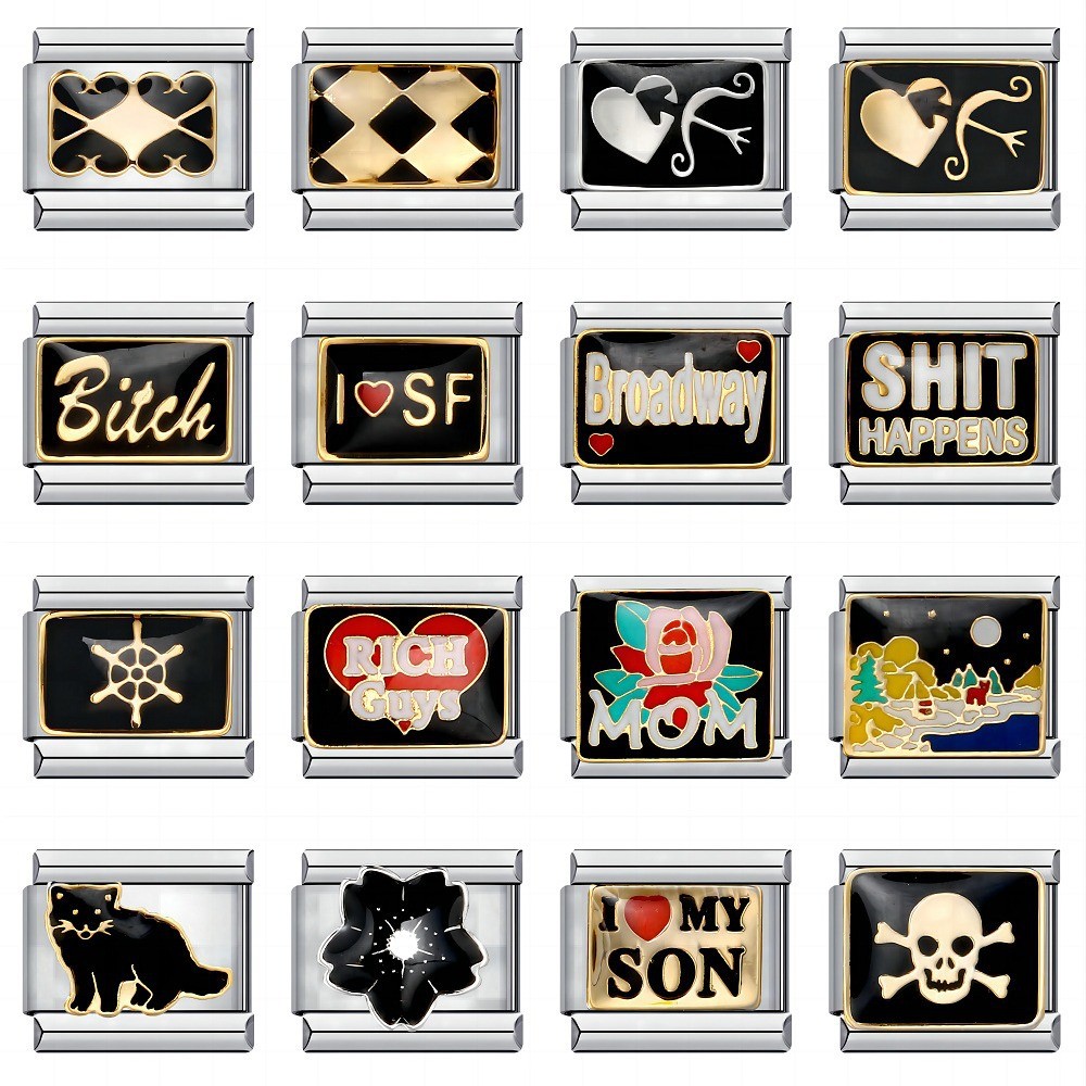 Black Gold-plated Dripping Oil การ์ตูน DIY อิตาเลี่ยนโมดูลสร้อยข้อมือส่วนบุคคลรูปแบบเชื่อมสร้อยข้อมือสแตนเลส