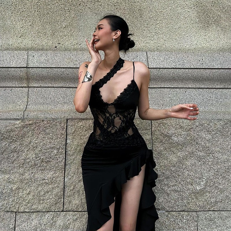 Kliou ลูกไม้ชุดไม่สม่ําเสมอสลิง Hollow Out Patchwork Ruffles ด้านข้างสบายๆแฟชั่นเซ็กซี่ดู Slimmer สไตล์อเมริกัน