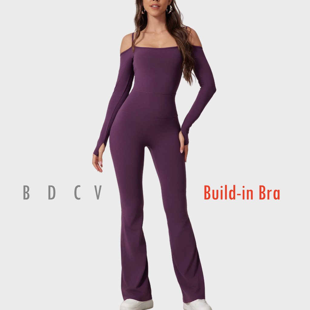 Bdcv Beauty ไหล่ Jumpsuit ผู้หญิง Build-in Bra ชิ้นเดียวแขนยาว Bell-กางเกงด้านล่างบอดี้สูท