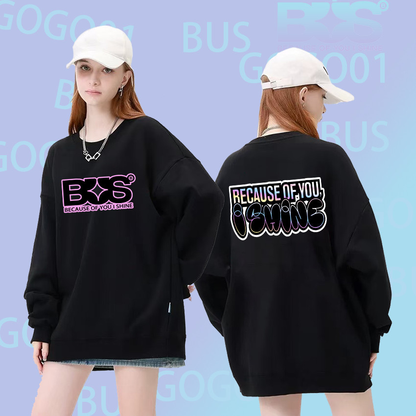 😆พร้อมส่ง💟 💯 🤗Round neck sweatshirt NEW BUS because of you i shine สีดำK แขนยาว เสื้อกันหนาวคอกลม  M