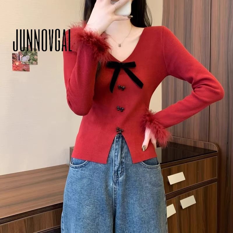 JUNNOVGAL เสื้อสเวตเตอร์แขนยาวผู้หญิงถักคอวี Bowknot สไตล์ฤดูหนาว
