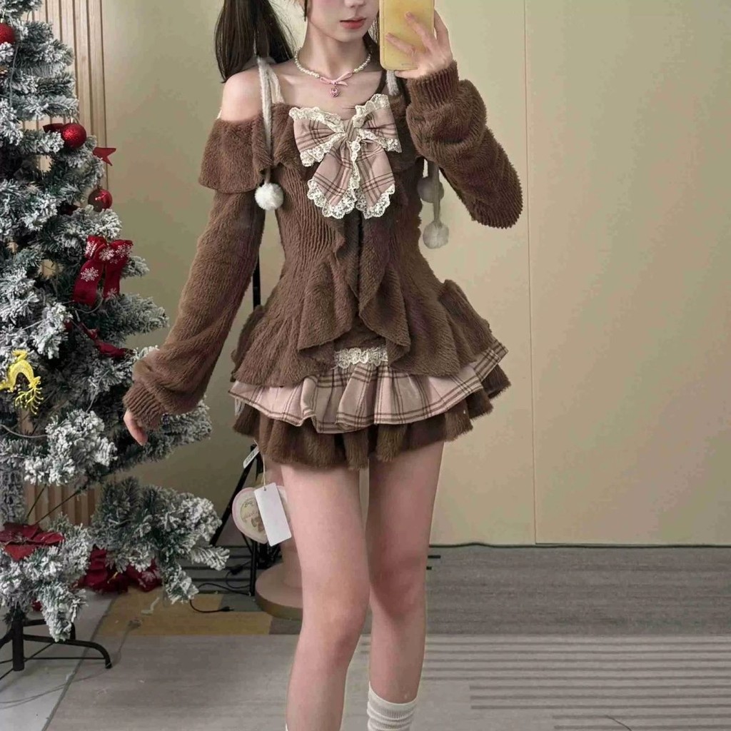 X-สีส้ม [ชุดสูทสองชิ้น] เสื้อท็อปแขนยาวโบว์สีน้ําตาลปิดไหล่ + กระโปรงลายสก๊อตฤดูใบไม้ผลิฤดูใบไม้ร่วงสไตล์ใหม่แฟชั่นลําลองเสื้อผ้าผู้หญิง