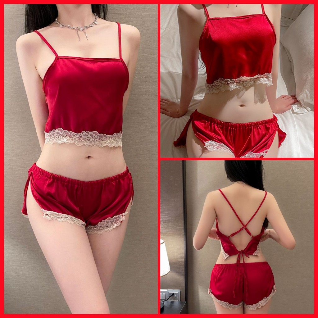 Sexy Charm   เดรสลูกไม้ ชุดนอนยั่ว ชุดอยู่บ้าน สีแดง ลูกไม้ฉลุ คอวีลึก ส่งไวจากไทย ราคา ถูกที่สุด ดีลบีเคเค แกลเลอรีภาพที่ 2
