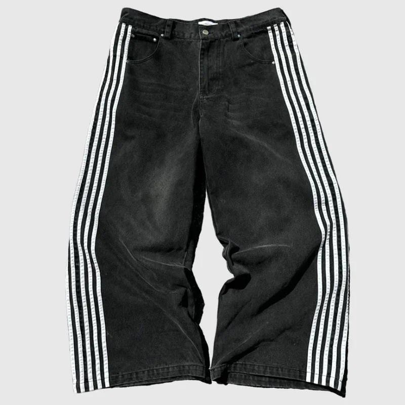 Y2k Baggy กางเกงยีนส์ลาย Harajuku Sweatpants ผู้ชาย Hip Hop สีดำ