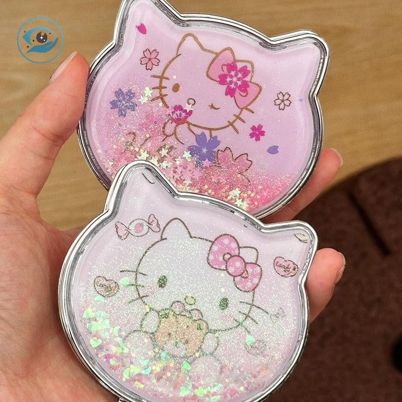 [Smw] Kawaii Hello Kitty กระจกแต่งหน้าสองด้านแบบพกพา Quicksand เลื่อมสาวการ์ตูนของขวัญกระเป๋ากระจกแต่งหน้าสองด้าน TH