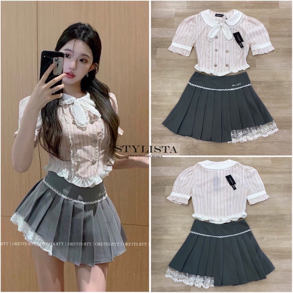 (xs-L) (พร้อมส่ง) STY82 ST240084 เซตเสื้อเเขนสั้น มาพร้อมกระโปรงจับจีบ ซับในกางเกง Cafe