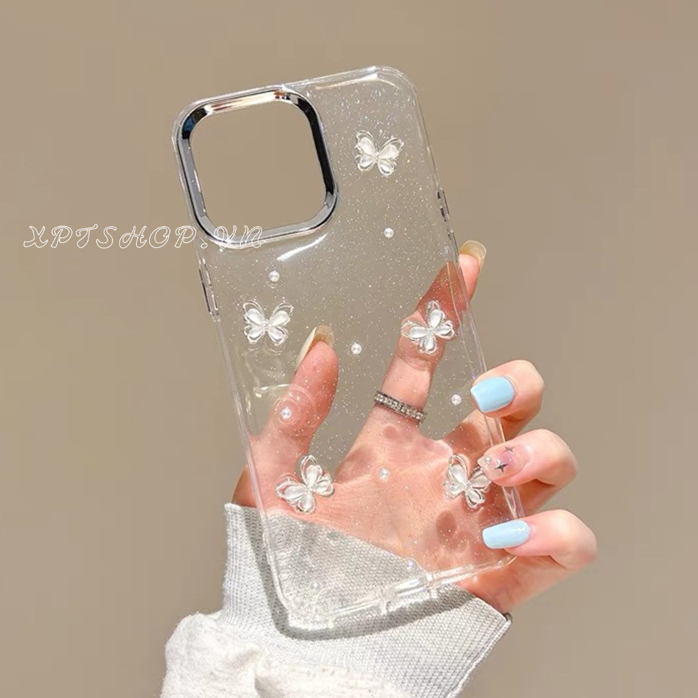 Stereoscopic Pearl ผีเสื้อเรซิ่นชุบเคสโทรศัพท์สําหรับ iPhone 16 Pro Max 16 Pro 16 Plus 15 Pro Max 14 13 12 11 Pro Max กันกระแทกป้องกันปลอก