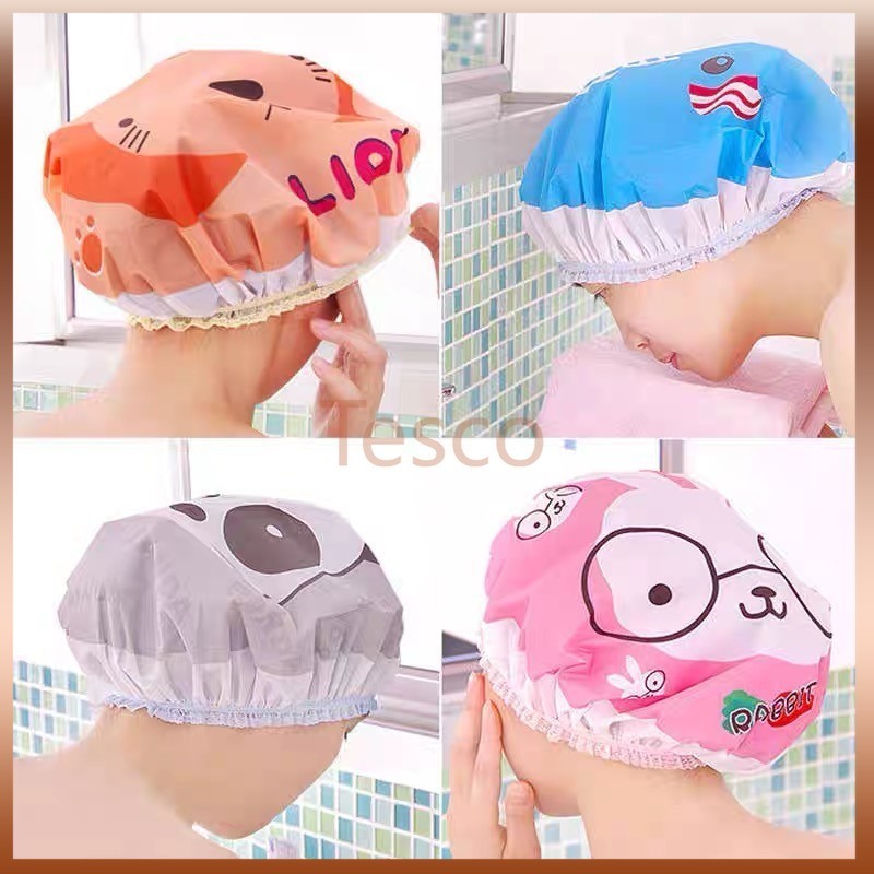 Tesco หมวกคลุมผมอาบน้ํา หมวกผมลายการ์ตูน พลาสติก กันน้ำ แบบหนา