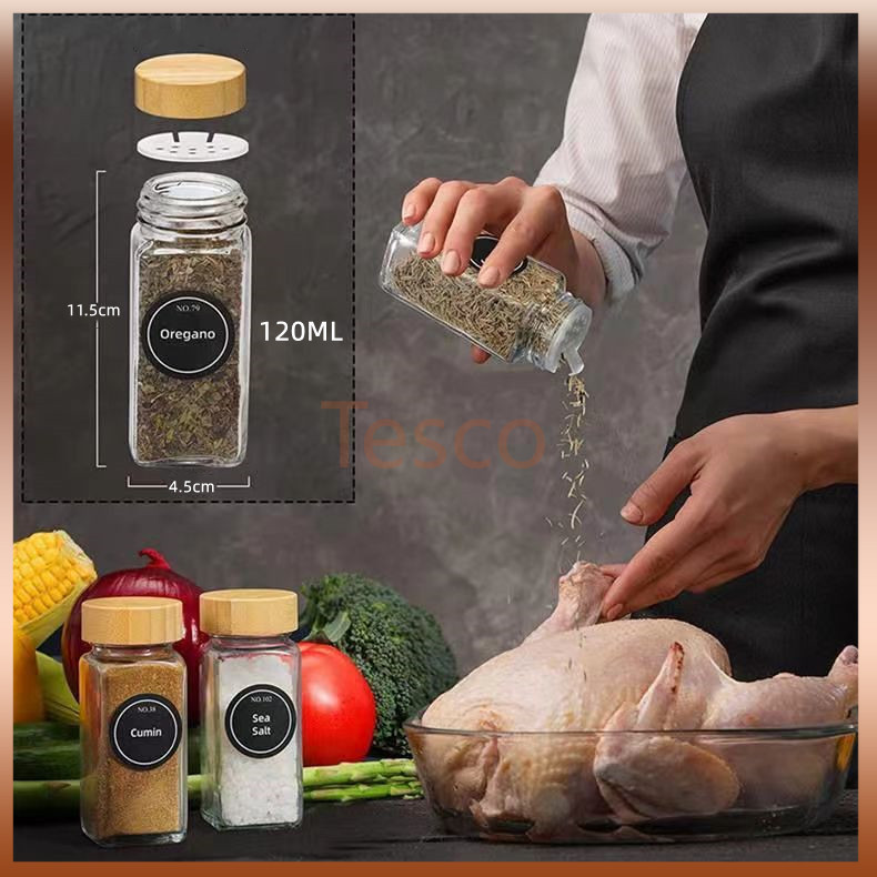 Tesco ขวดเครื่องปรุง  ขวดใส่เครื่องปรุงขวดแก้วฝาไม้ไผ่ปรับระดับได้ 2 แบบ รูเล็กและช่องใหญ่ ขนาด 120 มล. 4 ออนซ์