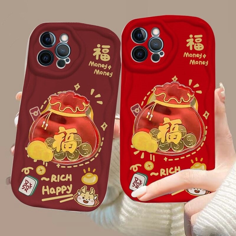 ตรุษจีน Lucky กระเป๋าเหรียญทองปลอกสําหรับ OPPO A3 Pro A3X Reno 11 5G 11F 12F 4 11 12 Pro 5G 5 6 A60 Realme 12 13 Pro Plus GT 6 เคสโทรศัพท์แฟชั่น 3D ขอบหยักโค้ง