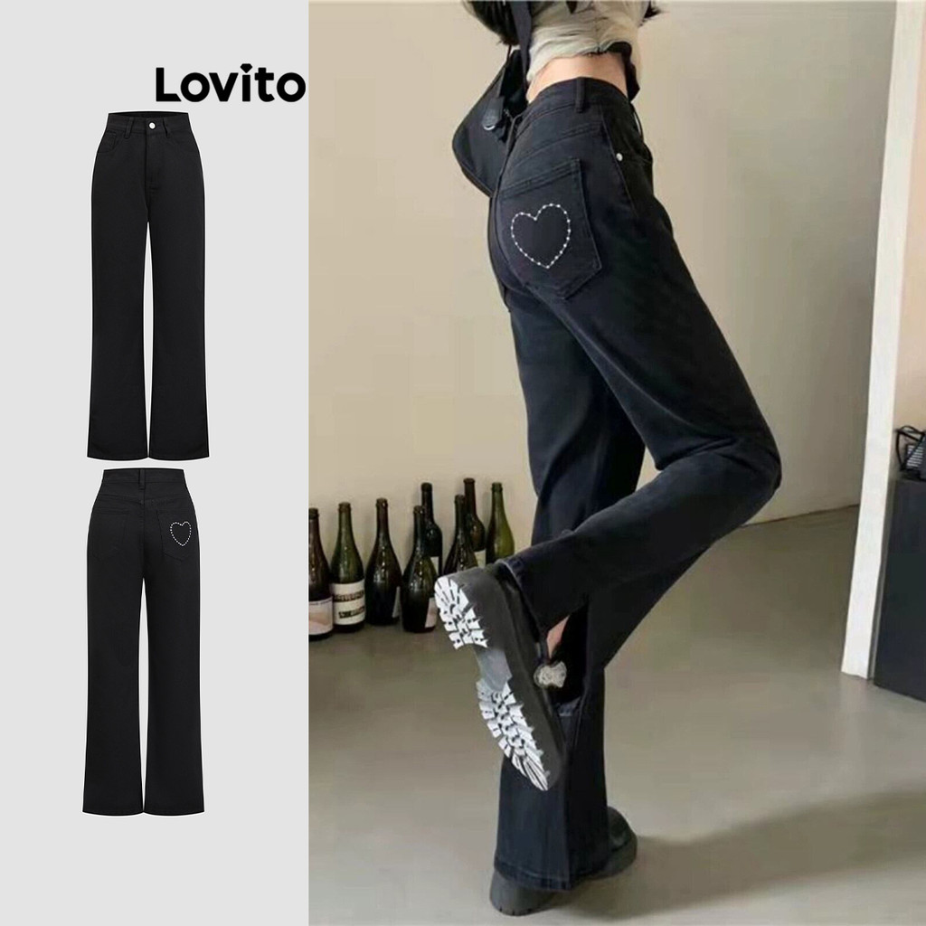 Lovito กางเกงยีนส์ทรงหลวมสำหรับผู้หญิง L109MD635