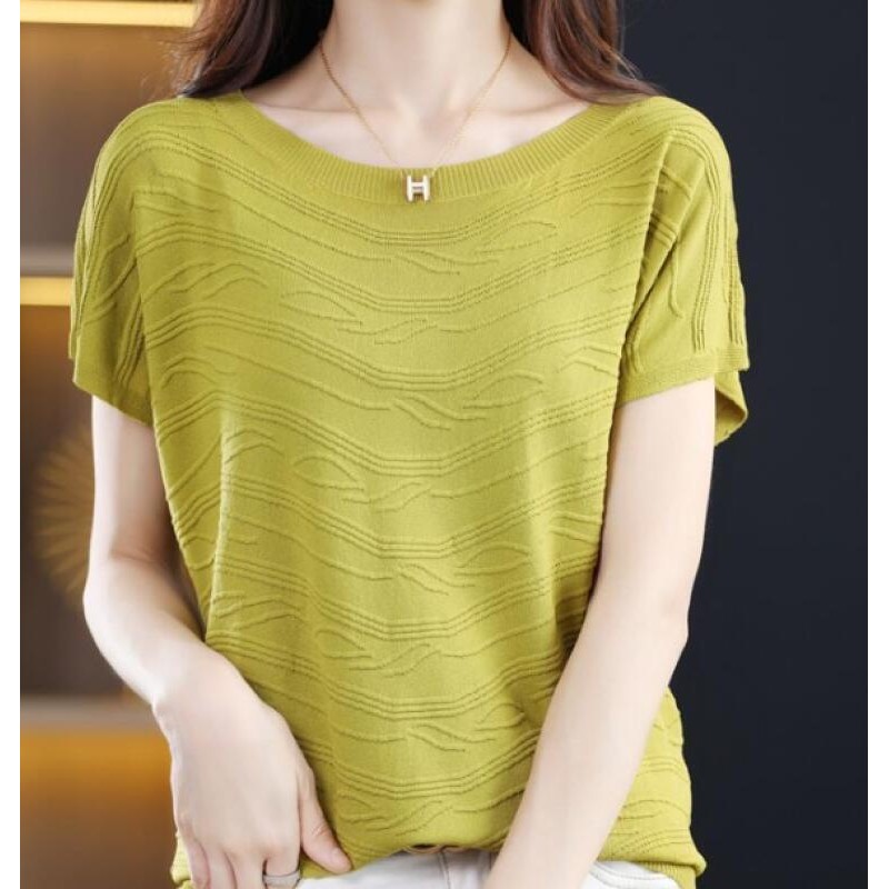 แขนสั้นผู้หญิง ใหม่เสื้อยืดที่ทันสมัยและหลากหลายที่ทันสมัยและสลิมมิ่งเสื้อถักลายอินเทรนด์เสื้อคอกลม