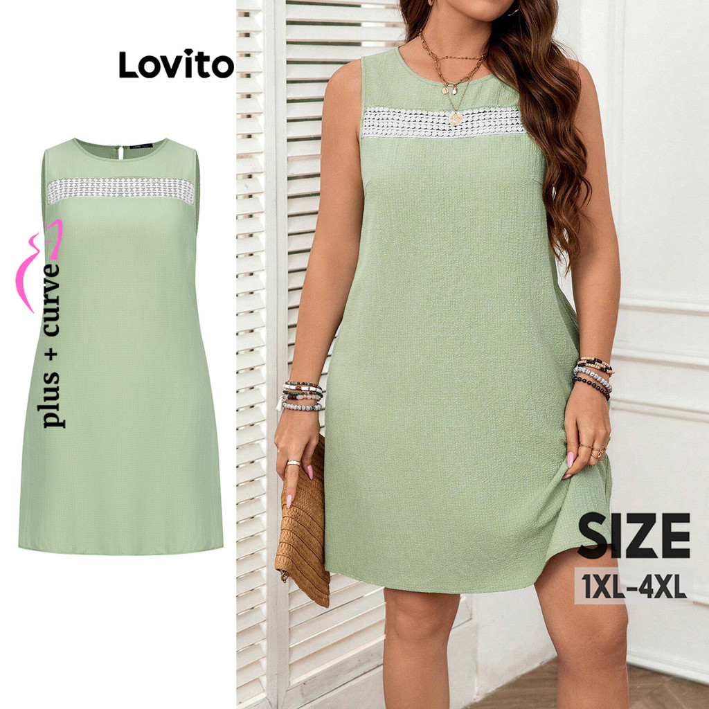 Lovito เดรสสาวอวบ ลูกไม้ ผ้าแจ็คการ์ด สีพื้น สไตล์หรูหรา LBL17328