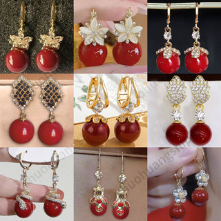 Light Luxury Retro Red Pearl Rhinestone Flower Elegant Earrings Temperament Fashion Earrings Earrings