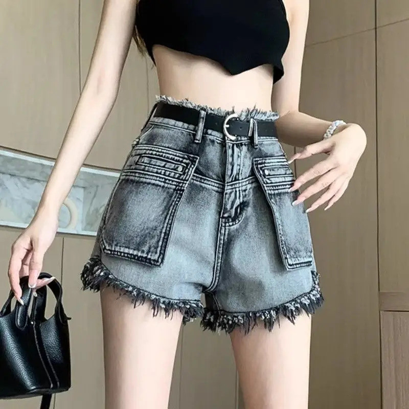 ZH พร้อมสต็อกShort Jeanกางเกงผู้หญิงเอวสูงFringe Denimกางเกงขาสั้นสําหรับผู้หญิงกระเป๋าแนวโน้ม2025 E