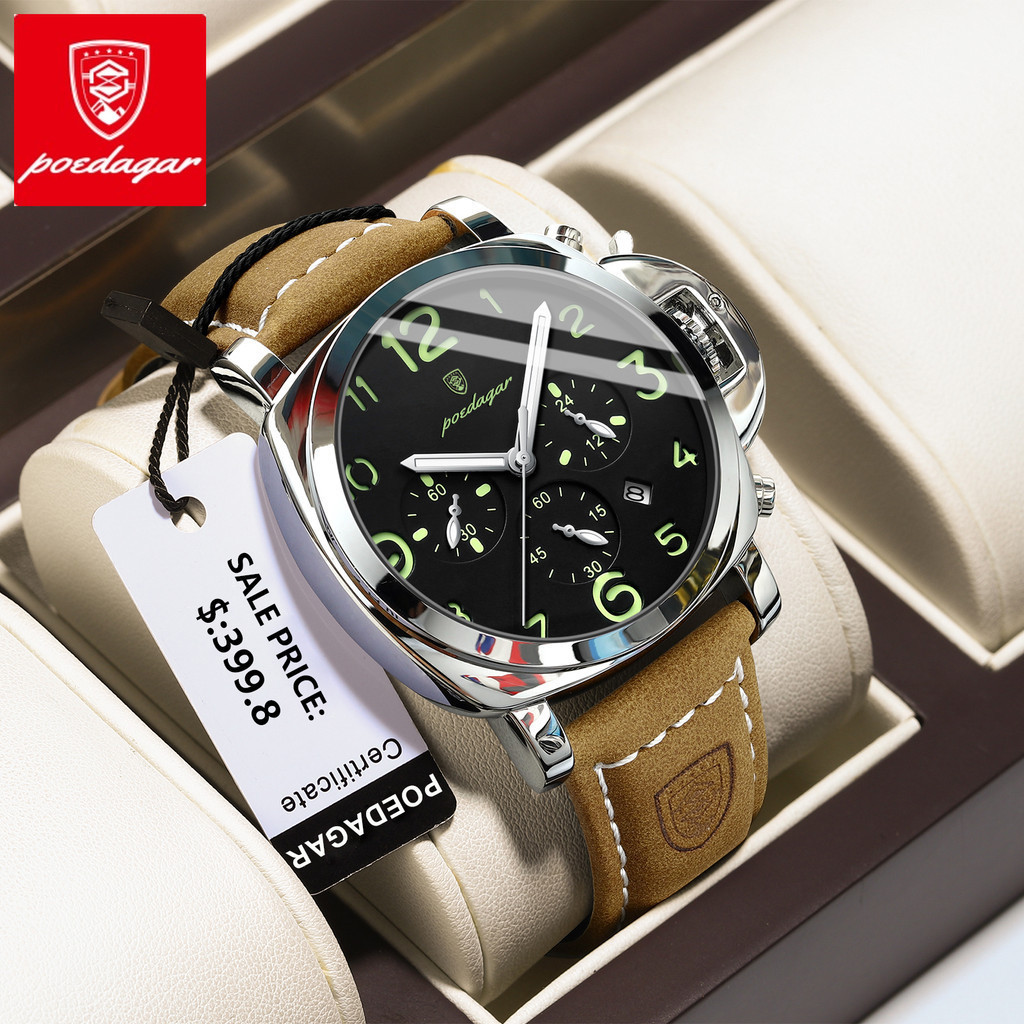 Poedagar หรูหรากีฬานาฬิกาผู้ชาย กันน้ํา Luminous Date Chronograph ควอตซ์ หนัง +กล่อง