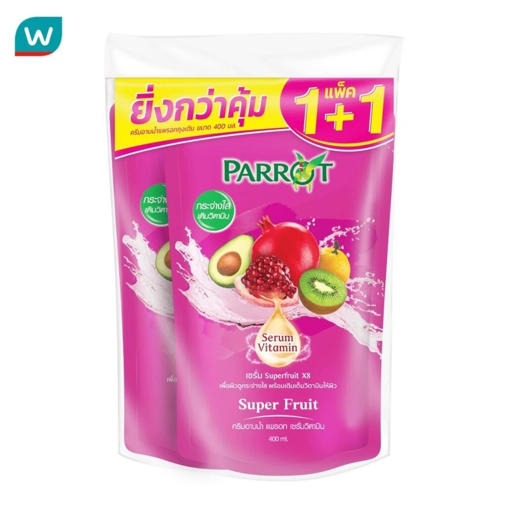 Parrot แพรอท ครีมอาบน้ำ เซรั่ม วิตามิน ซุปเปอร์ ฟรุ๊ต ถุงเติม 400 มล. แพ็คคู่