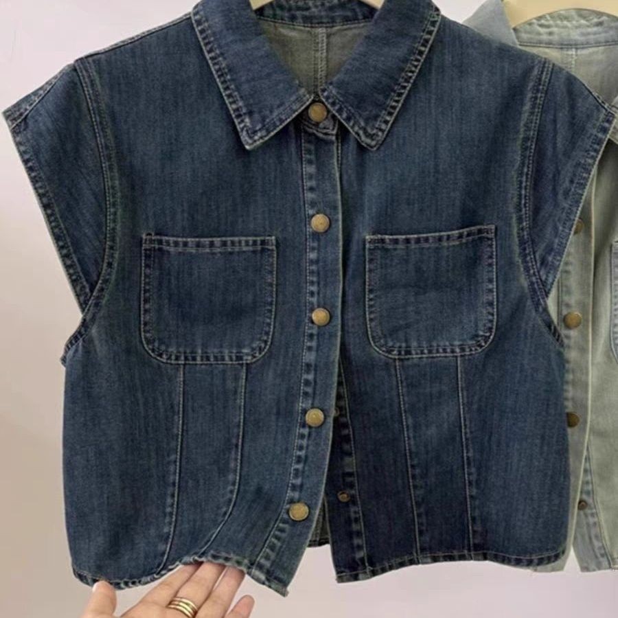 ผู้หญิงสไตล์ฮ่องกง Retro Denim เสื้อเชิ้ตแขนสั้นผู้หญิงแขนบินขนาดเล็กปกด้านบน