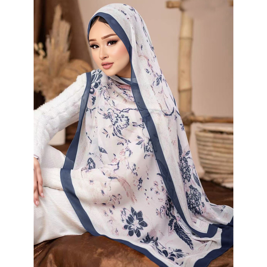 ใหม่มาเลเซียฮิญาบยาวผ้าพันคอตุงบาวาลชีฟองพิมพ์ผ้าคลุมศีรษะดอกไม้เรขาคณิตพิมพ์ผ้าคลุมไหล่มุสลิมผู้หญิงฮิญาบ