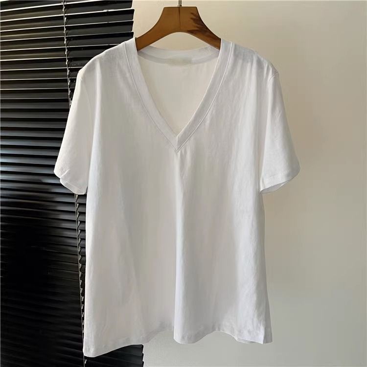 All-Match Bottoming เสื้อ V คอ Super Hot Top ผู้หญิงผ้าฝ้ายแขนสั้นฤดูใบไม้ผลิฤดูร้อน cec2025 อินเทรน