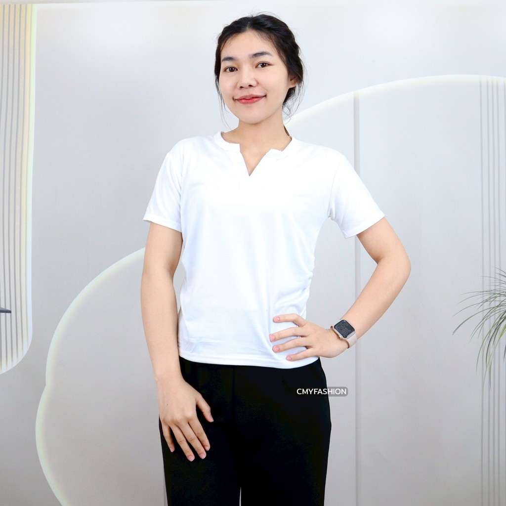 เสื้อยืดผู้หญิง คอวี แขนสั้น XL-4XL สีพื้น ดีเทลเอวจั้ม ผ้าคอตตอนผสม เนื้อผ้านิ่ม ดีไซน์ทรงสวย สาวอวบใส่ได้ t839# - รูปที่ 3