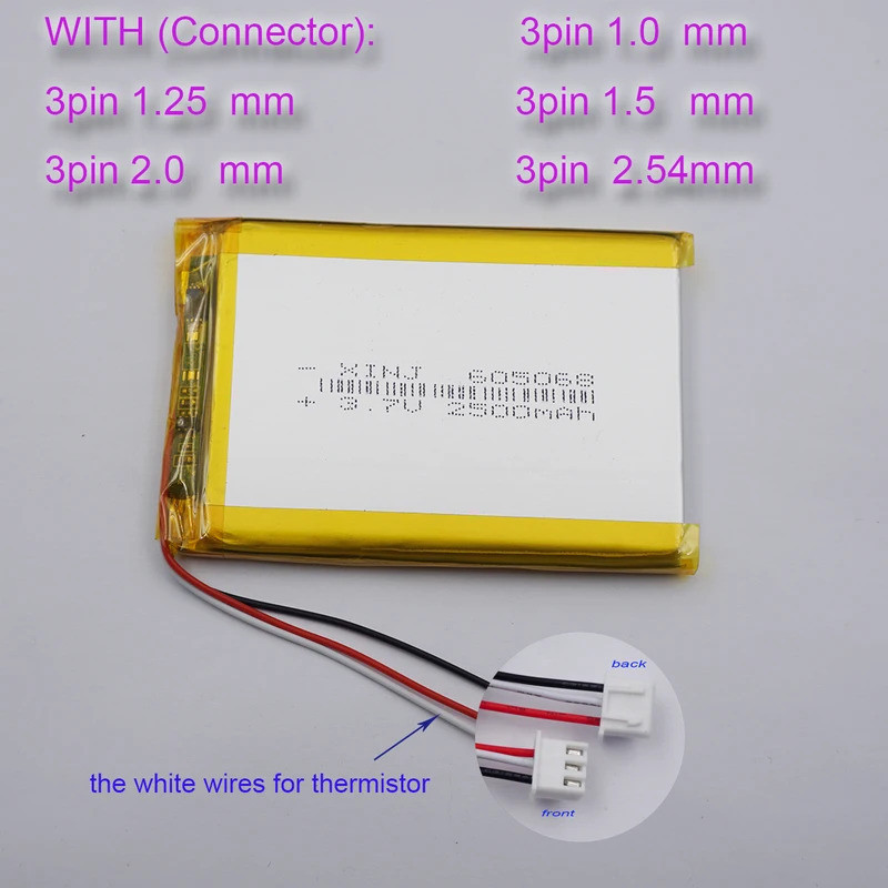3.7V 2500mAh 9.25Wh 3-Wires Thermistor Li-Polymer Li Lithium Battery605068 Lipo JST 3Pin Connector F
