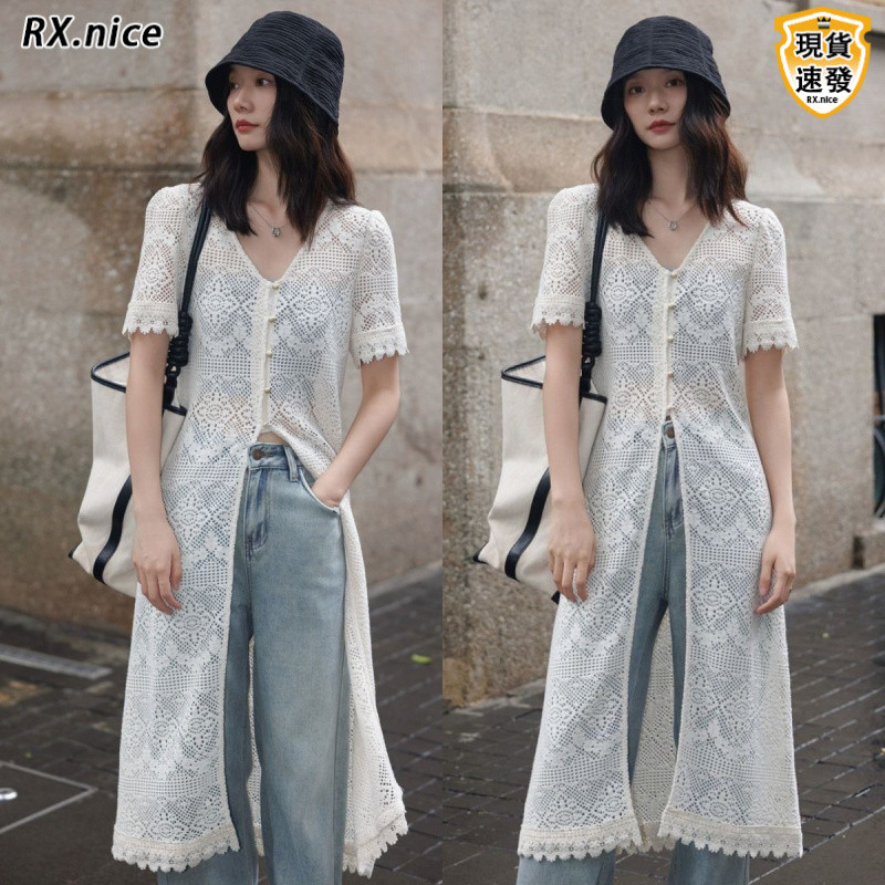 RX.nice ฝรั่งเศสชั้นแขนสั้นชุดยาวเสื้อลูกไม้ผู้หญิงเสื้อแจ็คเก็ตฤดูร้อนความยาวกลาง Hollow Design ผู้หญิงถักเสื้อสเวตเตอร์ถัก