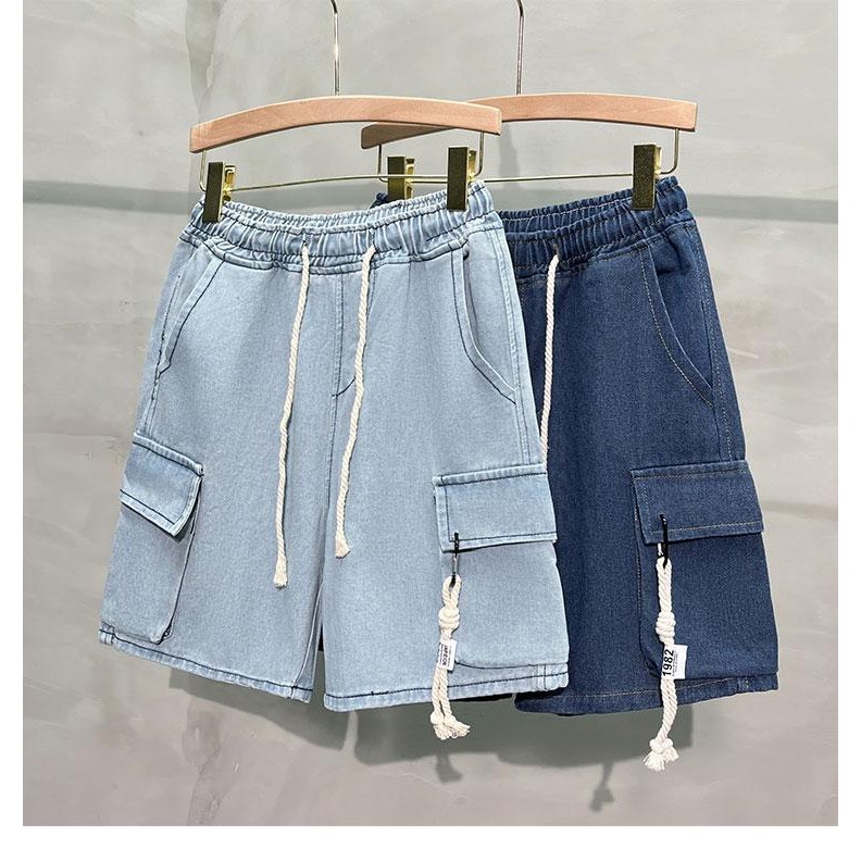 MNO.9 กางเกงยีนส์ขาสั้น 8209 demin shorts กางเกงขาสั้น เอวยางยืด มีเชือกผูก แต่งสายมัดกระเป๋า  ดีไซน์โดดเด่น สวมใส่สบาย