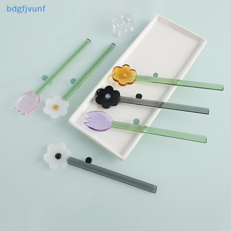 BDGF ด้ามยาวช้อนแก้วสร้างสรรค์แก้วใสช้อนขนมรูปดอกไม้สีกาแฟกวนช้อนติดบาร์ ไทย