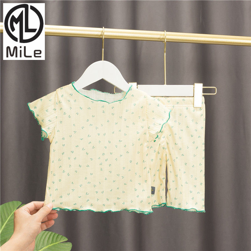 [มล] 80-140ซม ผู้หญิงฤดูร้อนสไตล์ใหม่แขนสั้น ชุดลําลอง บางสไตล์สูทชุดนอนเด็กเต็มพิมพ์แฟชั่นชุดสองชิ้น