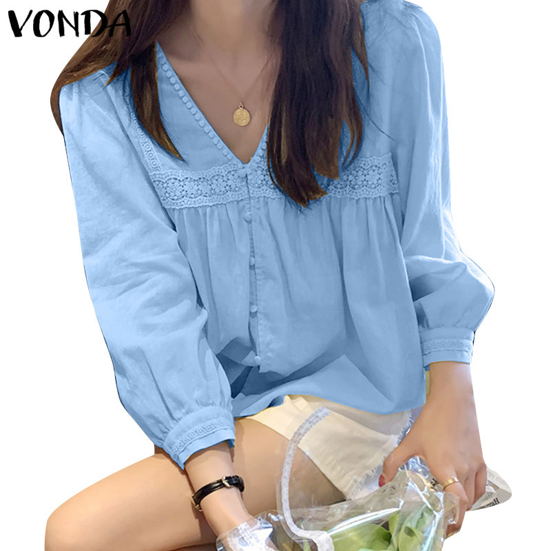 Vonda ผู้หญิงเกาหลีอารมณ์หรูหราคอวีเสื้อแขนยาวสีทึบ