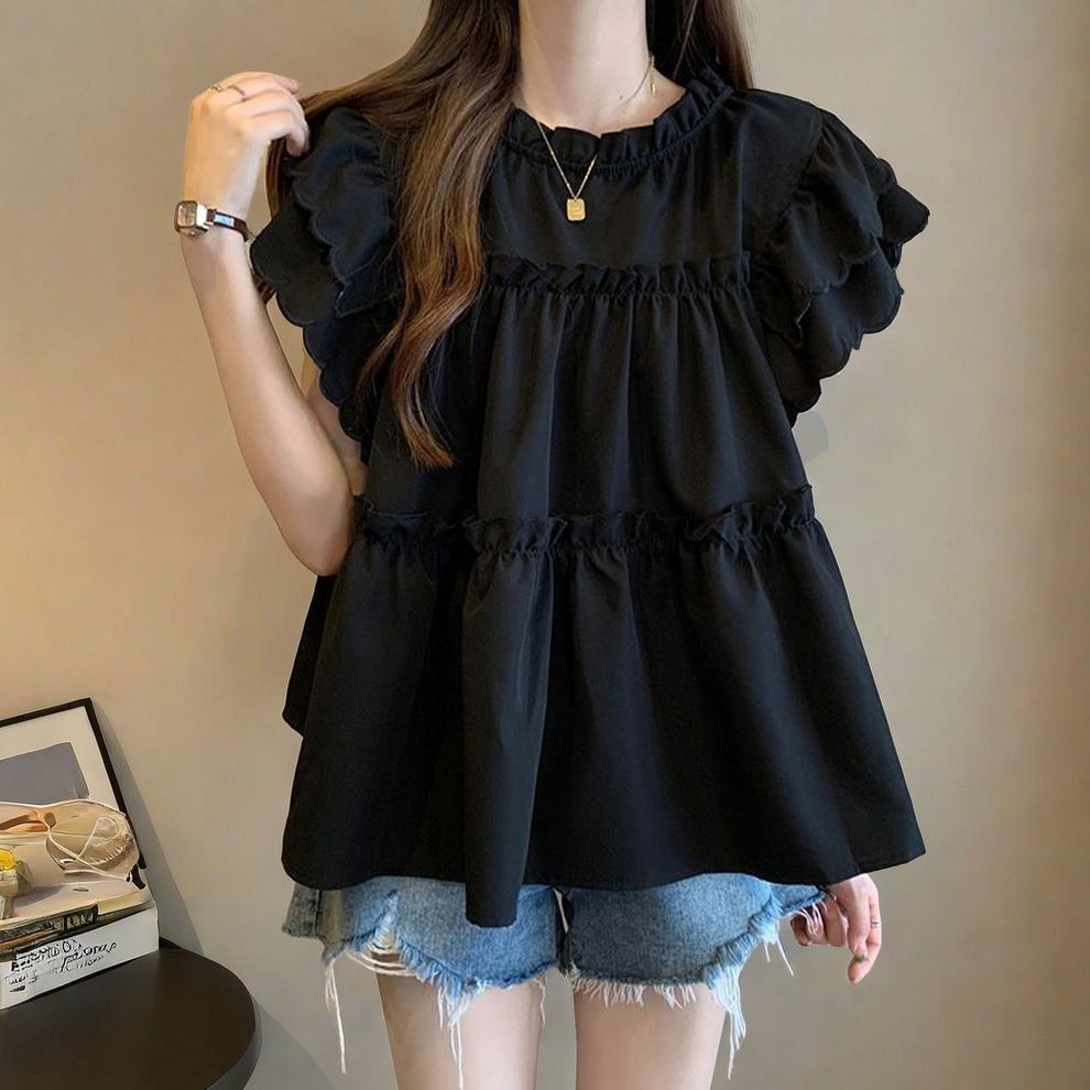 Design Sense Ruffled Loose Short Sleeve Shirt Womens French Sweet Small Shirt设计感叶宽松短袖设计感小众显瘦上衣11.26