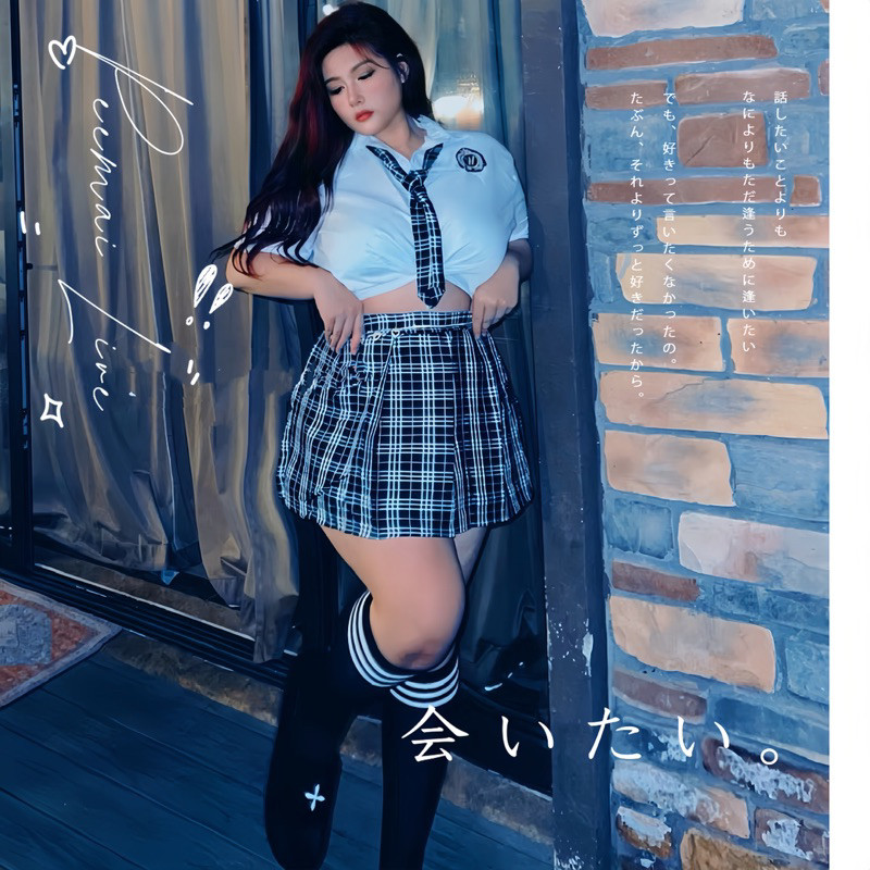 PEEMAI LIVEชุดนักเรียนคอสเพลย์สาวอวบ(2XL-5XL) มาแบบ 2 ชิ้น ตัวเสื้อเชิ้ตสีขาวแขนสั้นขอบสก็อต พร้อมส่ง 2 สี