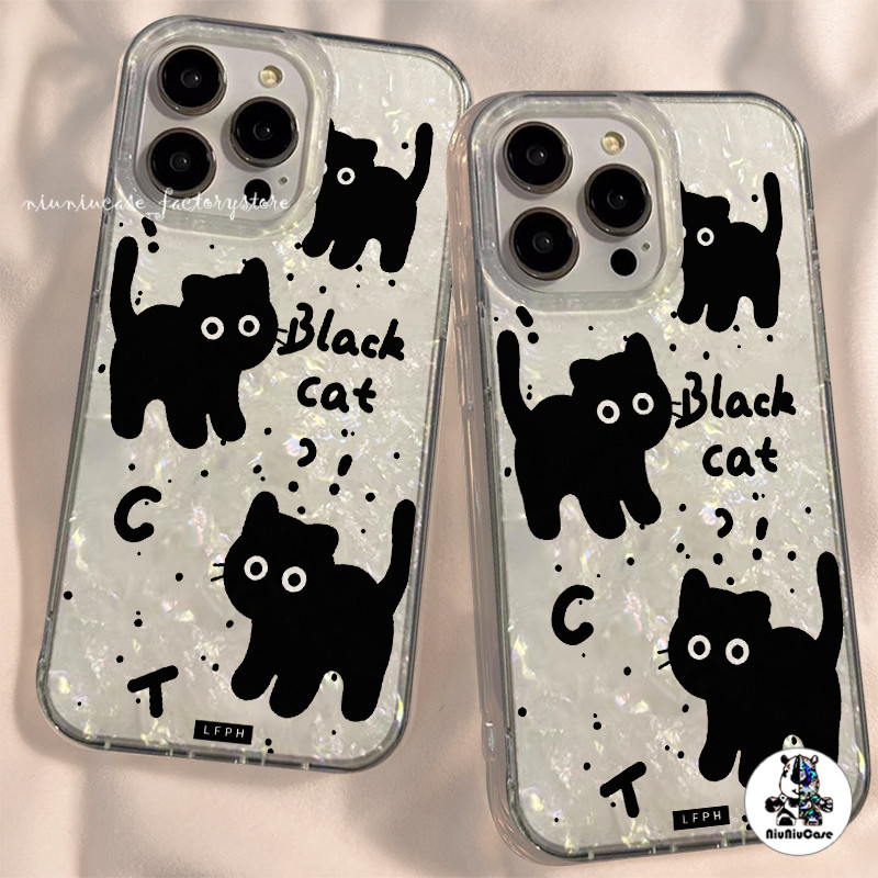 สําหรับ เคสไอโฟน11 หีดำ โฮโลแกรมเลเซอร์ใสเคสลายเปลือกหอย For iPhone 11 12 13 14 16 15 Pro Max X 7P XS XR เคส กันกระแทก