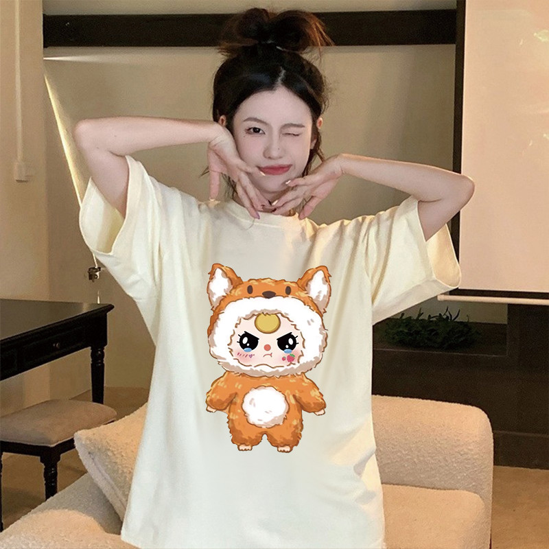 สัตว์การ์ตูนน่ารักชิบะอินุแต่งตัวข้ามพิมพ์คอกลมผู้หญิง's เสื้อยืดแขนสั้นหลวมฤดูร้อนสบายๆ INS เสื้อคู่