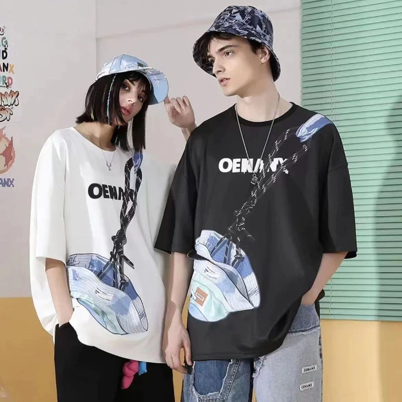 ฤดูร้อน เสื้อยืดคู่รักแขนสั้นพิมพ์ลายโดปามีน กระเป๋าซิป กระเป๋าหมวกแฟชั่นใหม่