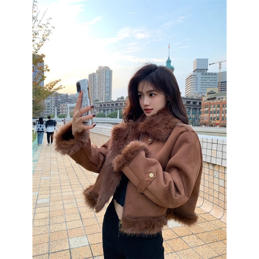 Fur One- Piece Jacket หนังกวางขนแกะสั้นรถจักรยานยนต์เสื้อผ้าผู้หญิงฤดูหนาว Retro Classy High-End Fur