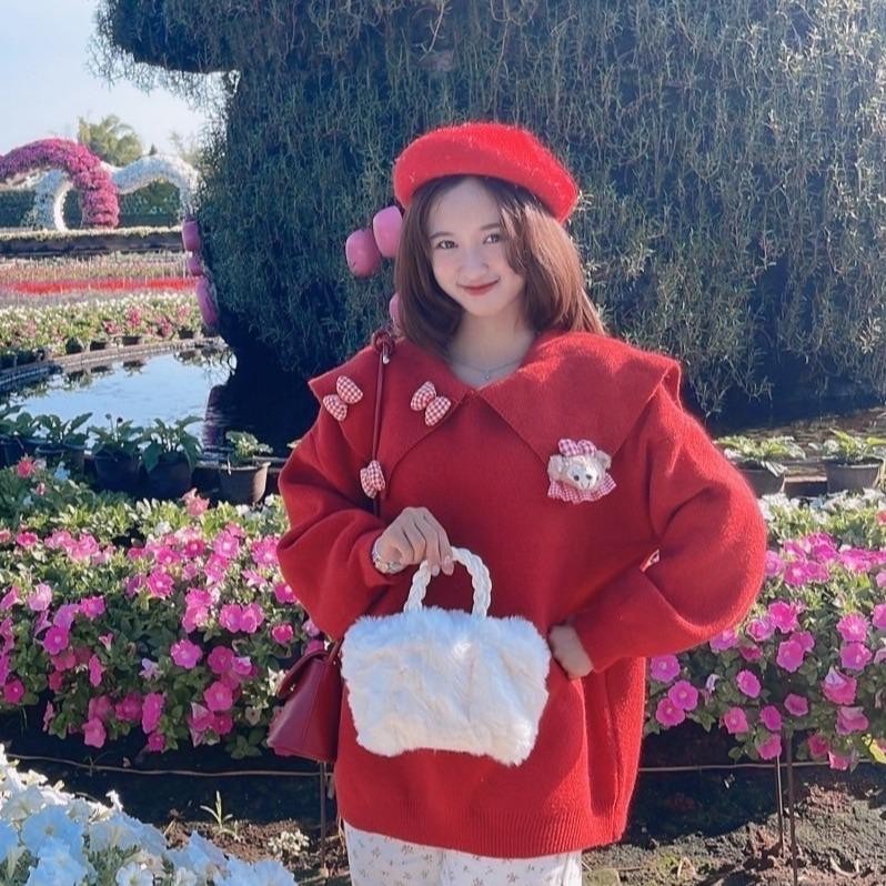 รุ่น Khunminkเสื้อไหมพรมดีเทลตุ๊กตาติดตรงคอปก มาพร้อมกระเป๋าขนมิ้งค์ รหัส R319