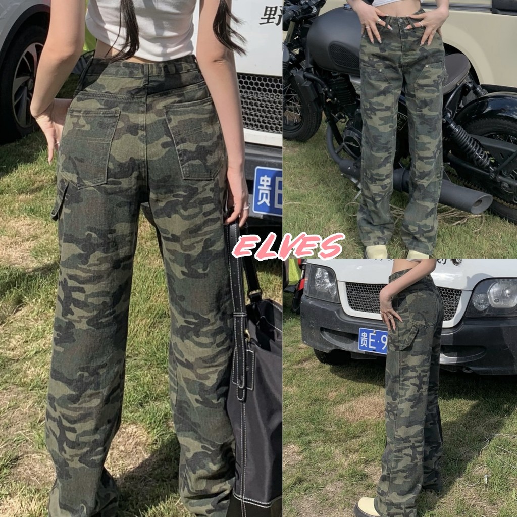 Elves พร้อม💟 กางเกงเอวสูง ทรงกระบอก น่ารักมากๆ ขายาว ลายพรางทหารสีเขียว เรโทร"11037-NZ"