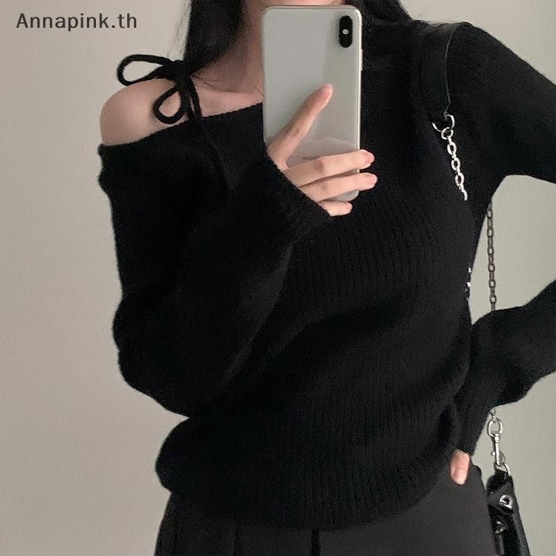 Annapink.th เสื้อกันหนาวผู้หญิงไม่สม่ําเสมอ Skew ปกแขนยาว Chic Casual ถัก Pullovers EN