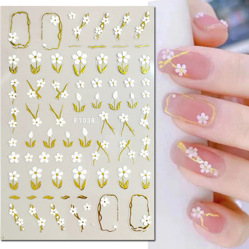 ฤดูใบไม้ผลิ 3D สติ๊กเกอร์ติดเล็บสีขาวดอกไม้สีทองและการออกแบบใบไม้ Charm ใบพิมพ์เจลแต่งเล็บ Self-Adhesive Decals Slider DIY