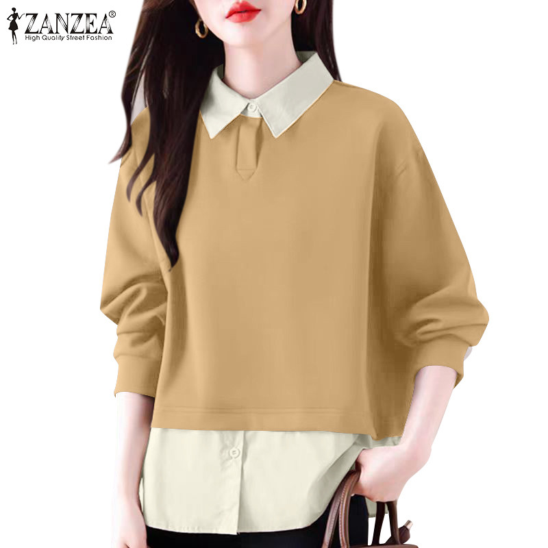 ZANZEA ซานเซีย ผู้หญิงเกาหลีปลอมสองชิ้นประกบเสื้อแขนยาวเสื้อสวมหัว