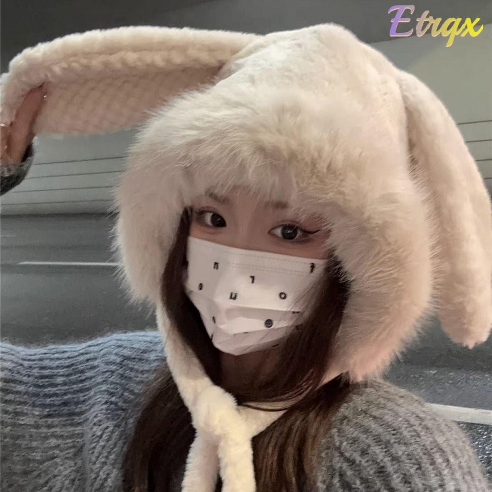 Etrqx หมวกป้องกันหูตุ๊กตา, หมวกกระต่ายหูใหญ่ฤดูหนาวน่ารัก, ขนสัตว์นุ่มอุ่นหมวกผู้หญิง