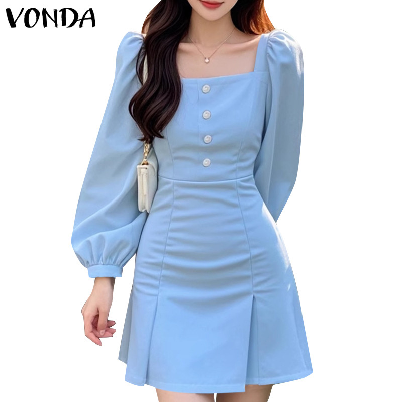 Vonda ชุดเดรสคอเหลี่ยมแขนยาวสีทึบเกาหลีสําหรับผู้หญิง