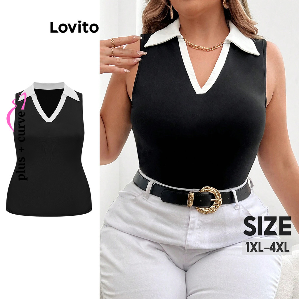 Lovito พลัสขนาดหรูหราธรรมดา บล็อกสี เสื้อกล้ามสีบล็อกสำหรับผู้หญิง LBL16552
