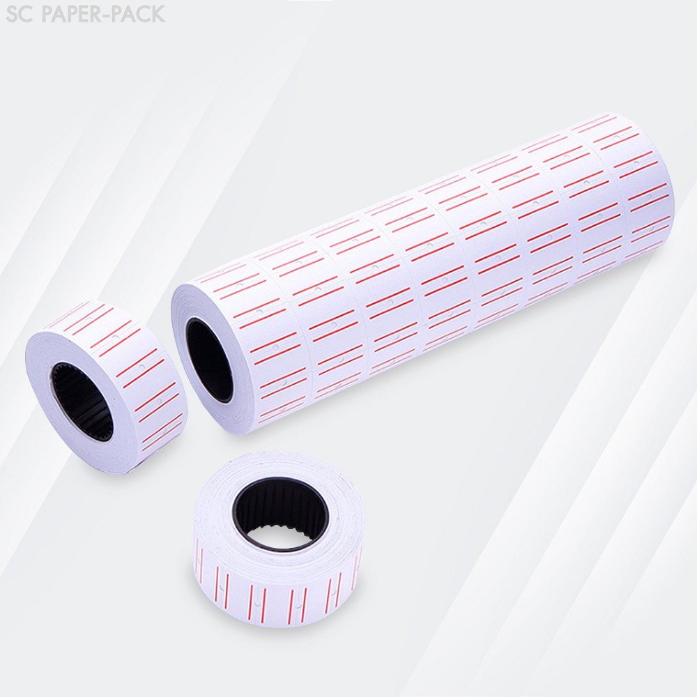 SC Paper-Pack ป้ายราคาขาวคาดแดง 12X21MM สำหรับเครื่อง MX-5500 และ 688 (แพ็ค 10ม้วนX450ดวง)