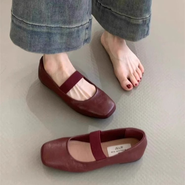 ปากตื้น PU Single Shoes Low Heel (เล็กกว่า 3 ซม.) Rubber Flat Heel Square Toe Low-Top Shoes