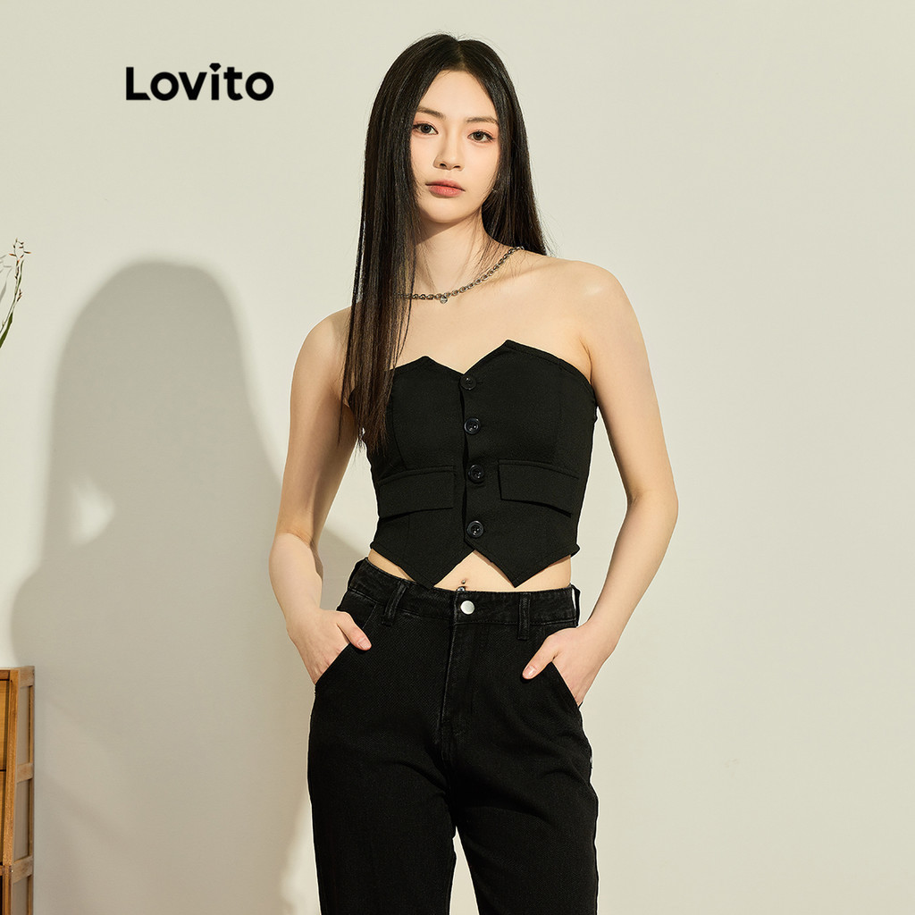 Lovito เสื้อเกาะอกผู้หญิง แต่งกระเป๋าหลอก มีกระดุม สีพื้น สไตล์ลำลอง L73AD022
